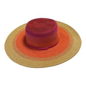Nine West Wide Brim Sun Hat – Multicolor Straw – Red, Orange, Gold – 16.5"